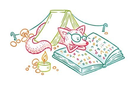 Fuchs mit Brille liest ein Buch unter einem Buchzelt