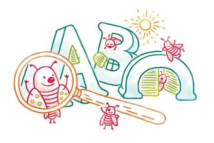 Käfer mit Lupe vergrößert vor einem ABC-Schriftzug