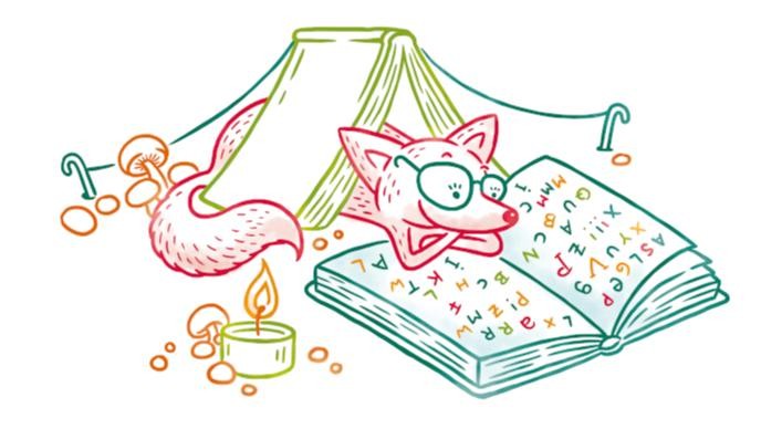 Fuchs mit Brille liest ein Buch unter einem Buchzelt